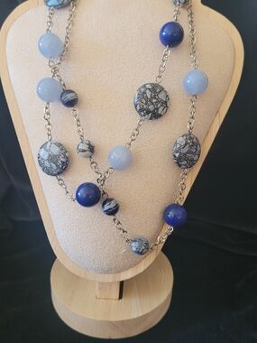 Silver-Tone Women’s Charm Necklace with Blue Beads